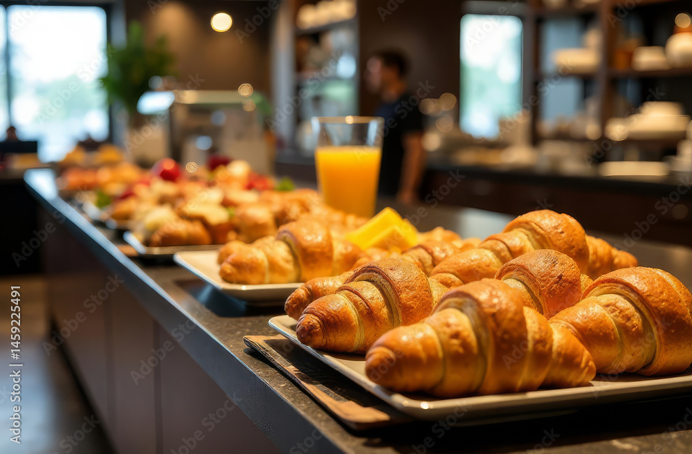 Croissants and breakfast at the hotel. Buffet at the hotel with fresh pastries. French bakery with croissants, cheese and fruit. Croissants and breakfast at the hotel. Buffet at the hotel with fresh pastries. French bakery with croissants, cheese and fruit.