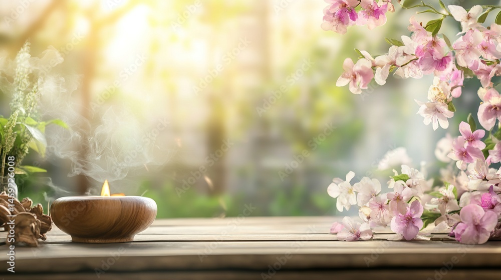 Aromatherapy on a wooden table with blurred spring flowers and copy space, banner, serene atmosphere for meditation or relaxation in the morning light. Aromatherapy on a wooden table with blurred spring flowers and copy space, banner, serene atmosphere for meditation or relaxation in the morning light.
