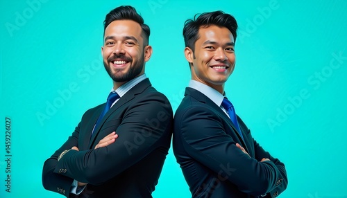A collage shows a man in a suit against various colored backgrounds.
AI-generated image