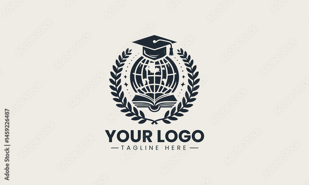 Obraz premium Graduation cap on globe with open book and laurel wreath in educational vector logo concept