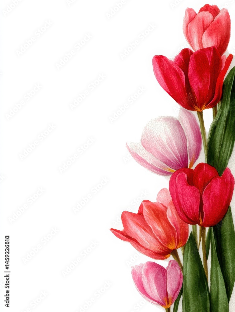 Obraz premium simple watercolor tulip frame, red and pink tulips, white background