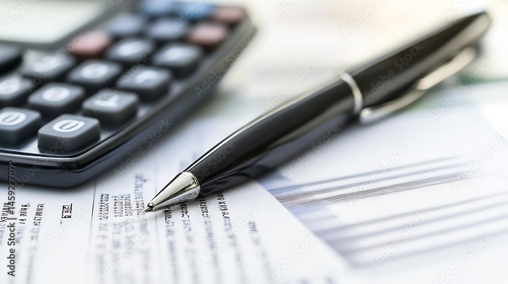 Close-up of a black pen resting on a document near a calculator, suggesting financial planning or accounting tasks. : Generative AI Close-up of a black pen resting on a document near a calculator, suggesting financial planning or accounting tasks. : Generative AI
