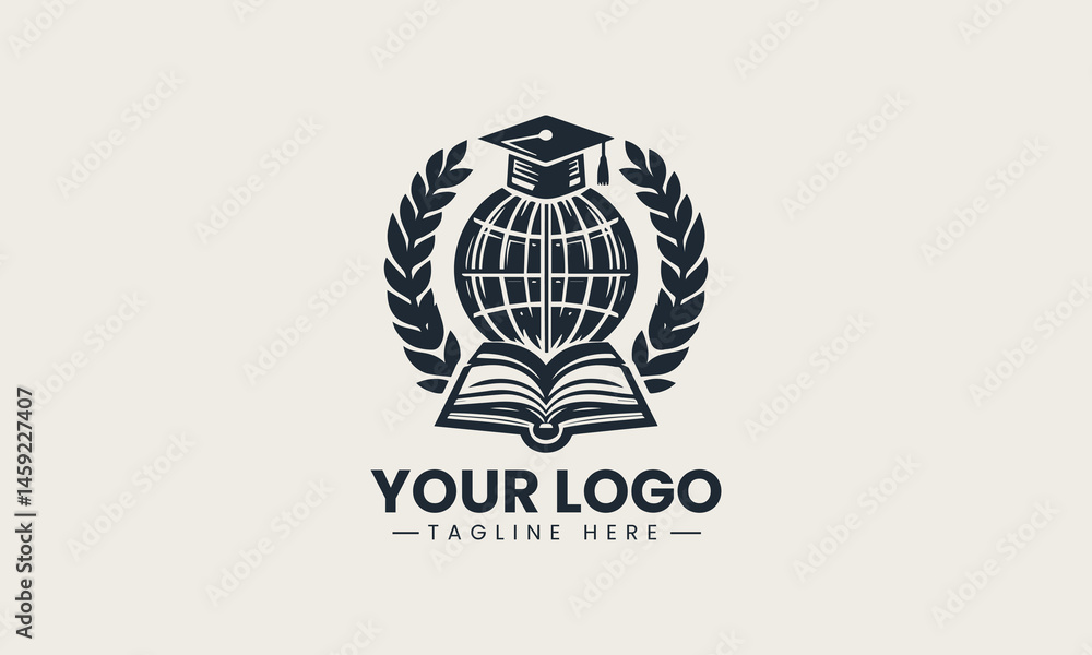Fototapeta premium Graduation cap on globe with open book and laurel wreath in educational vector logo concept