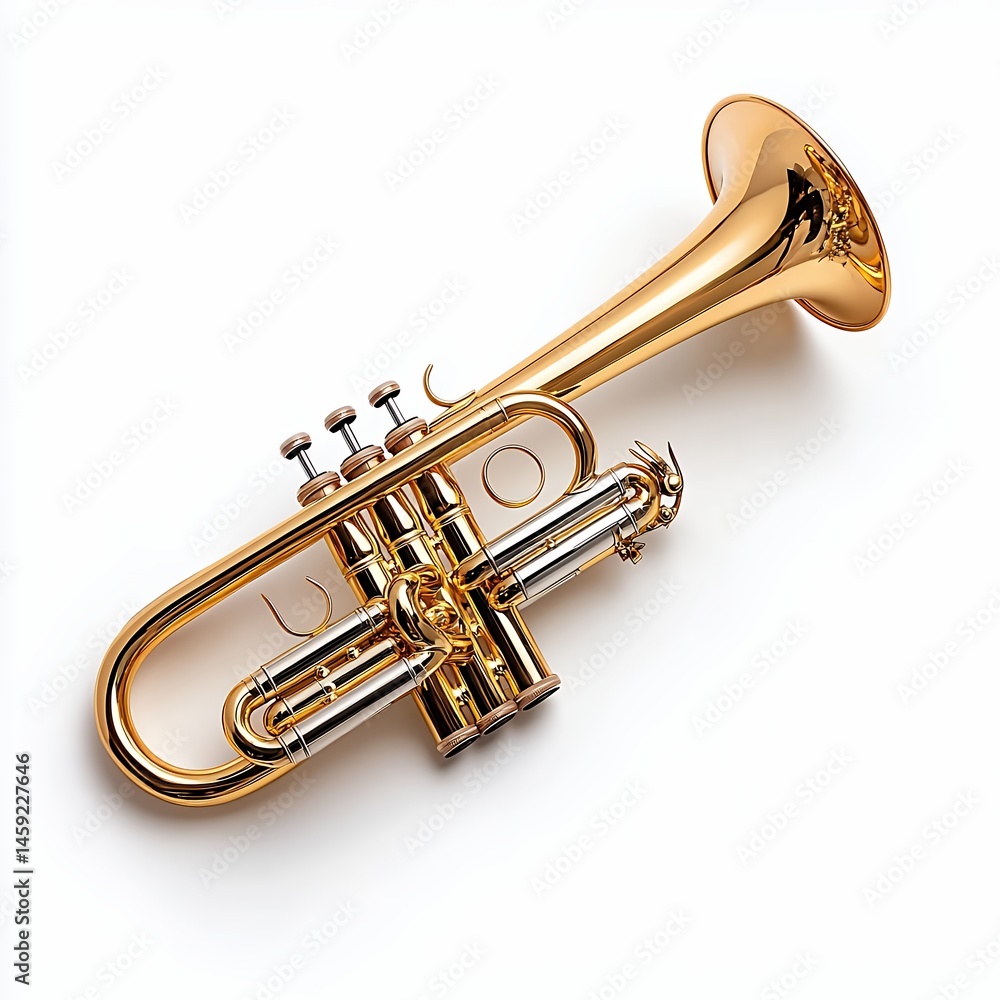Obraz premium Golden Trumpet on White Background Studio Shot of a Brass Musical Instrument