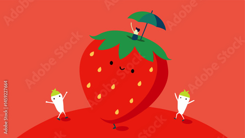 Strawberry Adventure A cheerful miniature human slides down the smooth red surface of a colossal strawberry arms outstretched for balance. Nearby two other tiny figures use