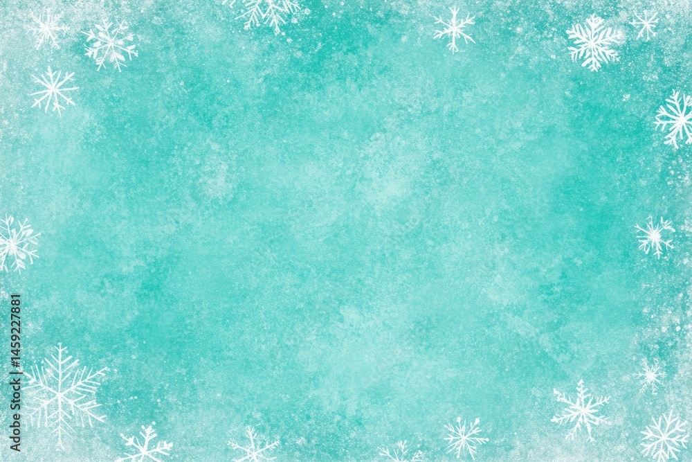 Teal background with scattered snowflakes, textured with a watercolor effect. A wintery scene with a muted, soft color palette Teal background with scattered snowflakes, textured with a watercolor effect. A wintery scene with a muted, soft color palette