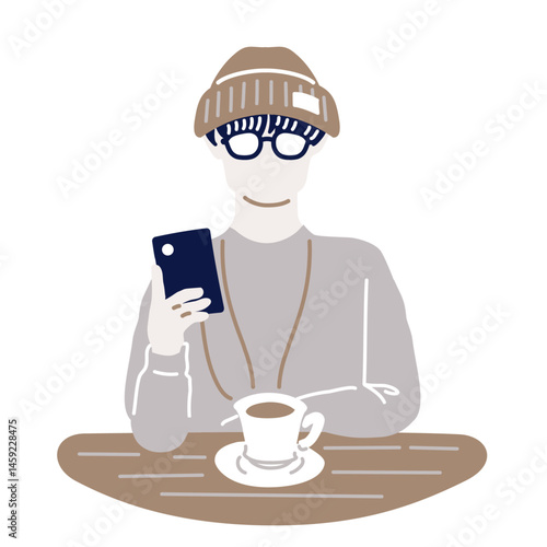 スマホを見る男性のイラスト（カラー）