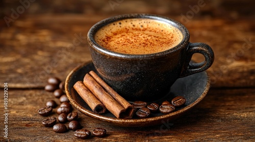 Espresso with cinnamon and coffee beans
