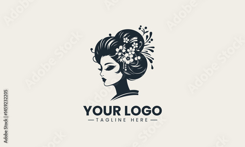 Traditional geisha with floral hair accessories in black and white portrait vector logo