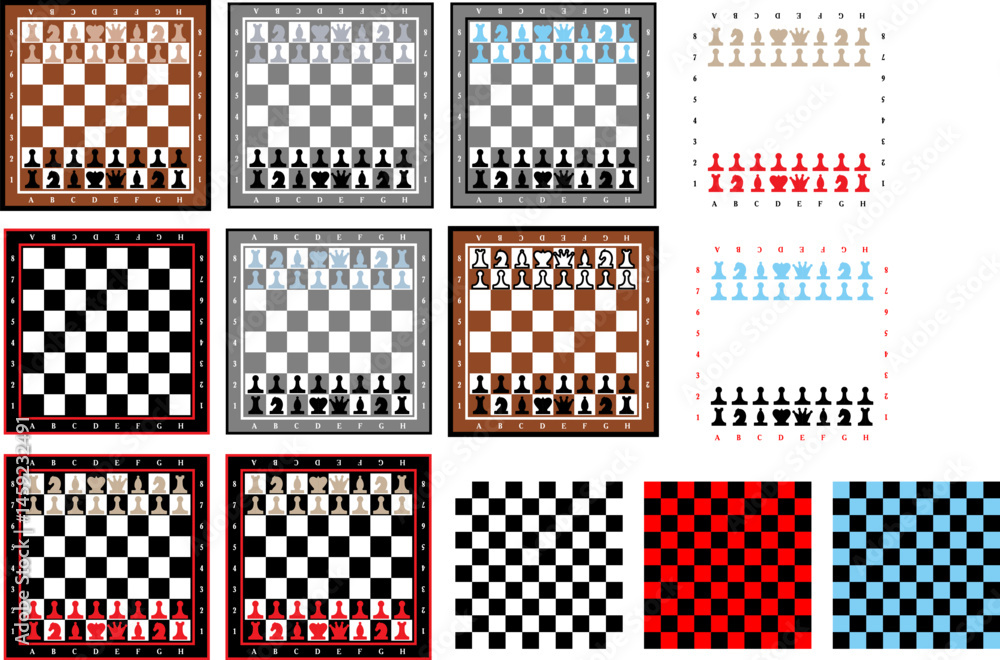 chessboard with stylized pieces king, queen, officer, bishop, knight, pawn, rook, vector drawing