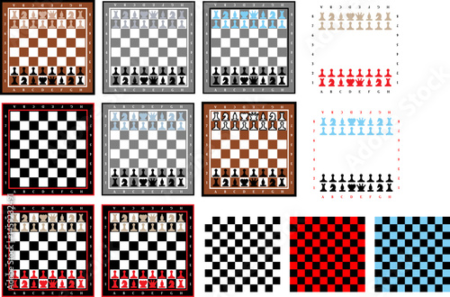 Obraz na płótnie chessboard with stylized pieces king, queen, officer, bishop, knight, pawn, rook, vector drawing w salonie