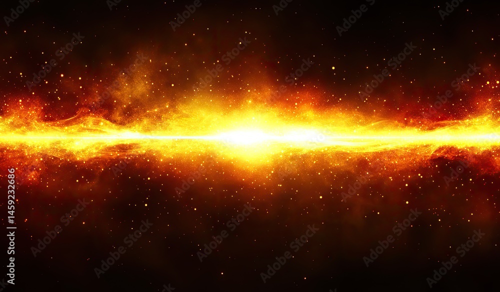 Fiery celestial beam streaks across a dark void, intense light and golden flames Fiery celestial beam streaks across a dark void, intense light and golden flames