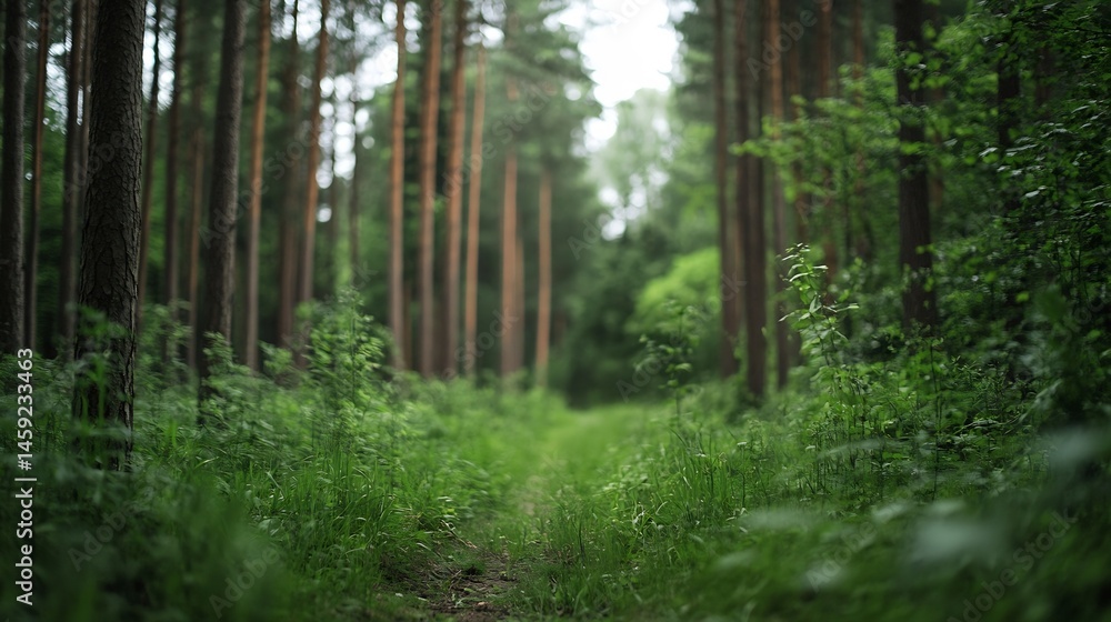 Obraz premium Serene forest path, dappled sunlight filtering through tall pine trees, lush green undergrowth, tranquil nature scene, peaceful woodland trail. : Generative AI