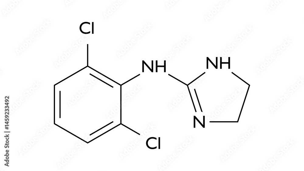 clonidine molecule, structural chemical formula, ball-and-stick model, isolated image antihypertensive agent clonidine molecule, structural chemical formula, ball-and-stick model, isolated image antihypertensive agent