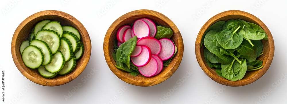 Freshly sliced cucumber, radishes, and spinach in wooden bowls Freshly sliced cucumber, radishes, and spinach in wooden bowls