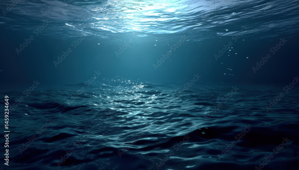Fototapeta premium Submerged ocean scene with sunlight filtering through the surface, creating a dramatic underwater landscape with gentle waves and subtle bubbles.