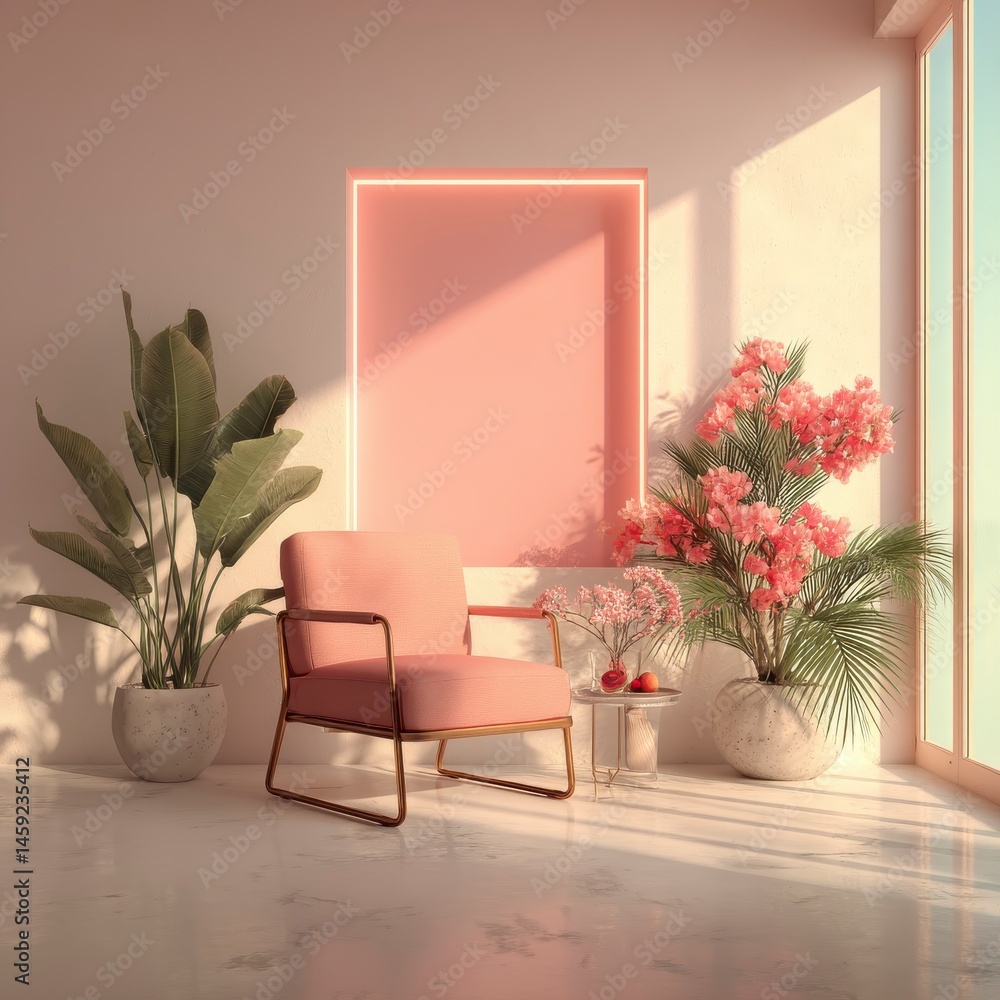 Fototapeta premium Warm Toned Studio Setup with Pink Accents and Lush Greenery