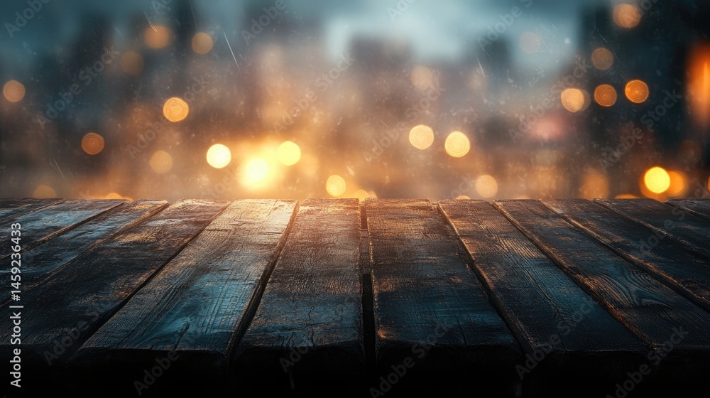 old vintage wood counter with gold bokeh backgrtound design for product display.