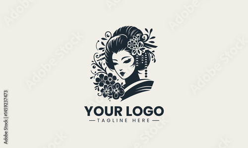 Traditional geisha portrait in black and white with floral hairstyle decoration vector logo