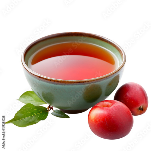 Cherry Apple Cider in Porcelain Bowl with Tea and Apples Isolated on Transparent Background