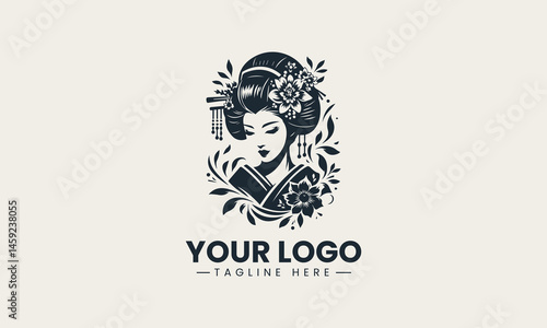 Black and white geisha portrait with floral hair design in traditional vector style