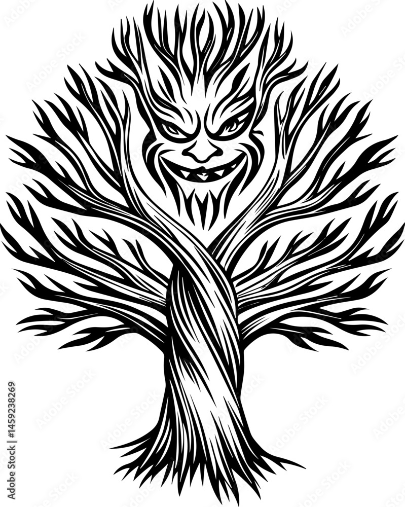 Obraz premium SVG artwork blending botanical horror with skulls and eerie flowers. Mysterious Tree Creature Design with Twisted Branches and Face