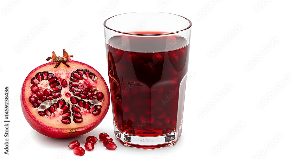 Pomegranate juice with floating seeds and a halved pomegranate, white background Pomegranate juice with floating seeds and a halved pomegranate, white background