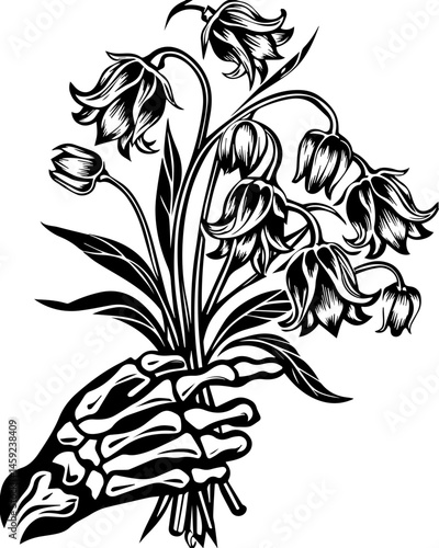 SVG artwork blending botanical horror with skulls and eerie flowers. Skeleton Hand Holding Beautiful Blooming Flowers Design Element