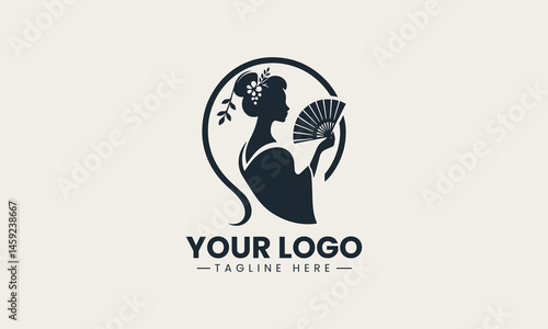 Minimalist geisha holding fan in silhouette used for logo vector design