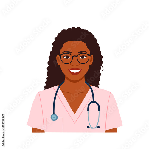 Vector illustration of a smiling nurse with glasses and stethoscope, dressed in pink uniform, on a white background, representing professional medical care.