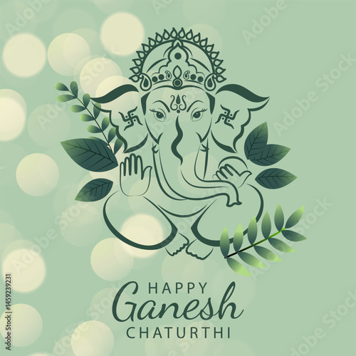 Happy Ganesh Chaturthi design with floral Lord Ganesha illustration in soft green shades and glowing light effects perfect for spiritual invitations and holiday greetings

