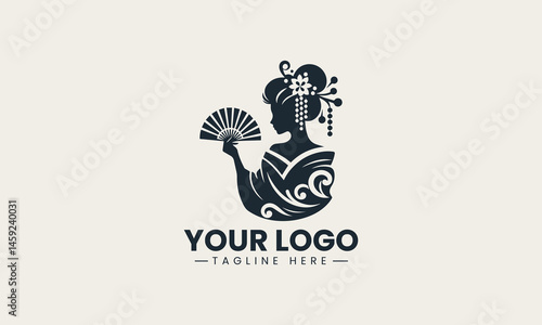 Geisha figure silhouette with hand fan as elegant vector logo graphic