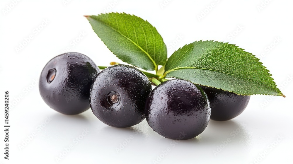 Dark purple berries with fresh green leaves. Three round, dark purple berries, glistening with moisture, rest on a white surface. Dark purple berries with fresh green leaves. Three round, dark purple berries, glistening with moisture, rest on a white surface.