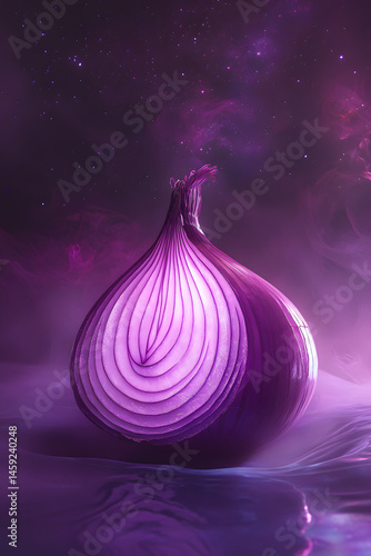 a purple onion sliced in half, floating and levitating in a surreal dreamlike space