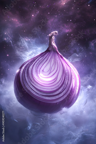a purple onion sliced in half, floating and levitating in a surreal dreamlike space