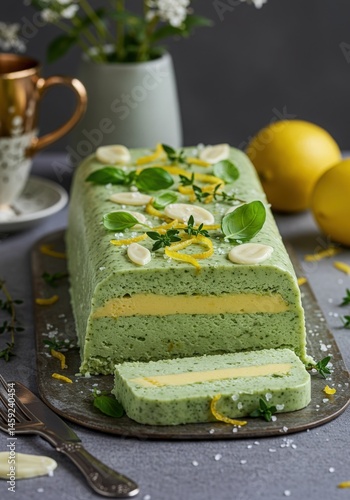 Luxurious Basil Lemon Semifreddo Cake with White Chocolate Leaves