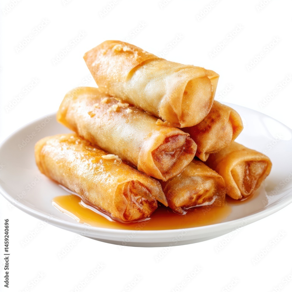 Filipino turon sweet banana spring rolls, golden fried, served on a white plate, isolated on white Filipino turon sweet banana spring rolls, golden fried, served on a white plate, isolated on white