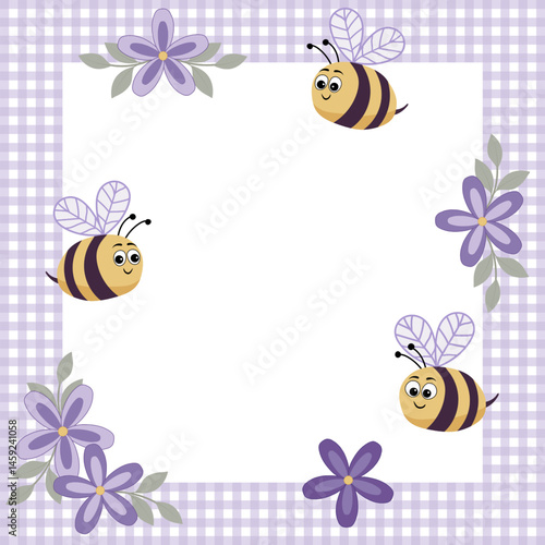Quadratische Grafik mit niedlichen Bienen und violetten Blumen auf einem karierten Rahmen. Freier Platz für Text. Vorlage für Einladungen, Grußkarten, Social Media Posts und Werbung.