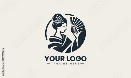 Silhouette of traditional geisha holding fan in minimalist logo design style