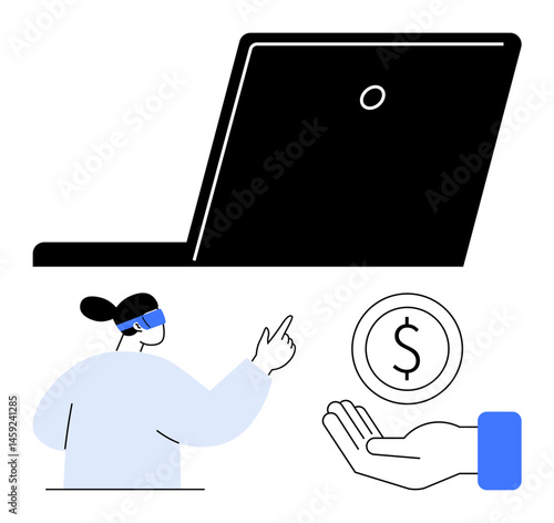 Woman wearing virtual reality headset gesturing below a laptop with a hand holding a dollar coin. Ideal for finance, technology, virtual interaction, VR applications, digital economy, innovation