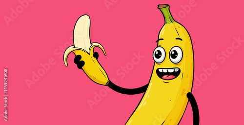 Cartoon banana holding and looking at a peeled banana in his hands - isolated on vibrant magenta background