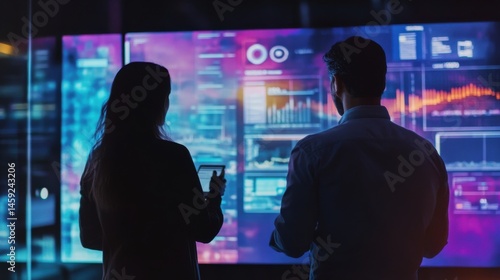 Data analysts reviewing real-time analytics dashboards in a modern office setting