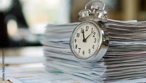 A stack of papers topped with a small alarm clock.