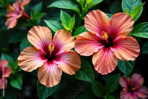 Intricate hibiscus blooms, lush green foliage, vibrant color pattern, bud, botanical, flower power