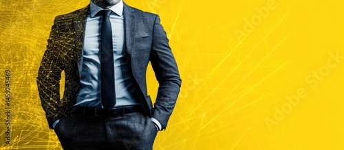 Businessman in a suit,  with overlay of digital network