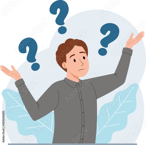 Illustration of a man looking confused and uncertain. There are several question marks to indicate his confusion.