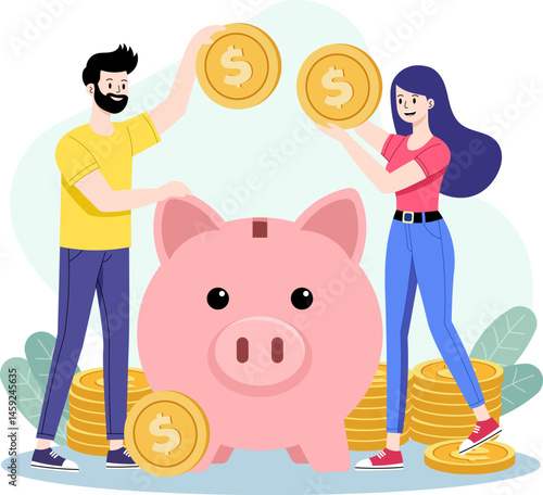 Illustration of a financial savings concept featuring a large pink piggy bank at the center surrounded by stacks of gold coins.