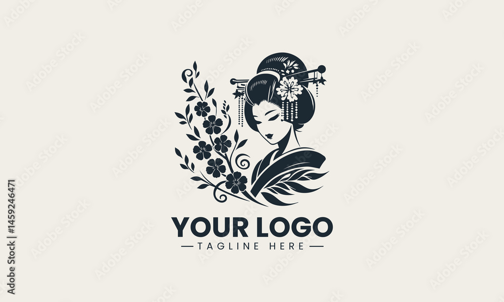 Traditional geisha portrait in black and white with floral hairstyle decoration vector logo Traditional geisha portrait in black and white with floral hairstyle decoration vector logo