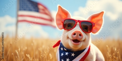 Cheerful pig with sunglasses and patriotic scarf in wheat field with american flag.Pets celebrate 4th of July.
