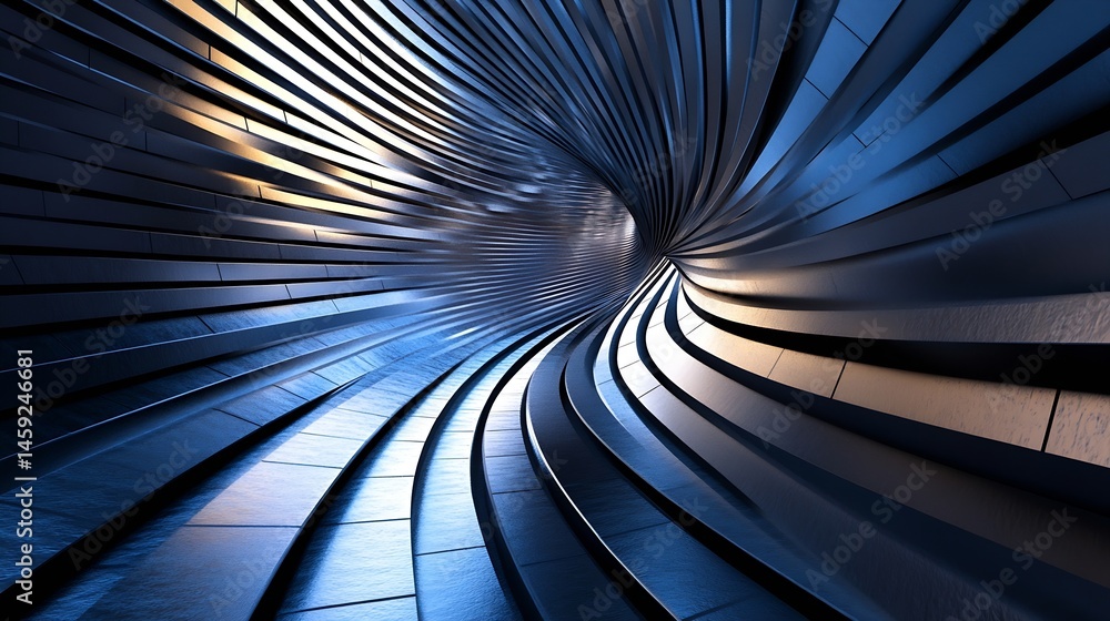 Obraz premium Abstract swirling metallic tunnel, dark blue and gold hues, futuristic architecture, seamless loop, 3d render, digital art, modern design, technology background, elegant, glossy, curve : Generative AI